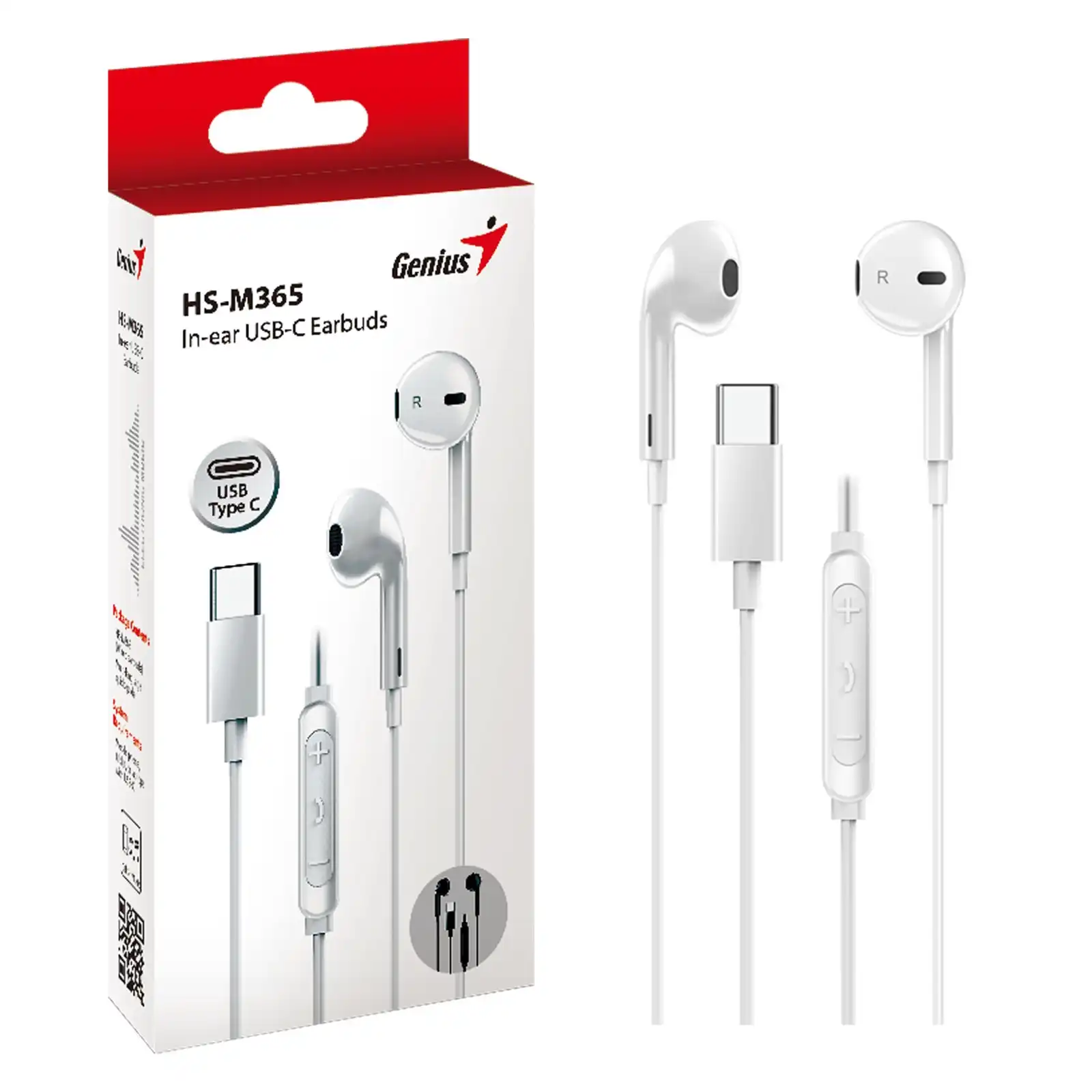 Genius HS-M365W USB-C In-Ear Wired Earbuds with In Line Microphone and Volume Controls - White