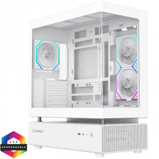 GameMax N80 White ATX PC Gaming Case with 6 x 120mm PWM ARGB Fans and 10-Port Fan Hub Included With Curved Tempered Glass Panel