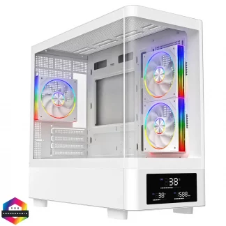 Powercool Gravity White mATX Gaming Case With Display Curved Tempered Glass With 3 x CiT Saturn PWM ARGB Fans and 6 Port PWM Hub