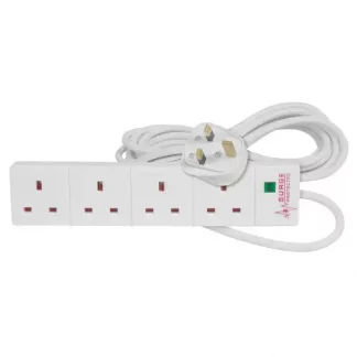 4 Gang Surge Protected UK Mains Power Extension Strip 2m Lead