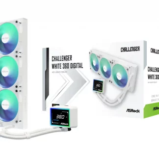ASRock Challenger 360 Digital White AIO Liquid CPU Cooler, 360mm Radiator, Triple 120mm PWM ARGB Fans, 3" Digital Display, Intel LGA1700/1851 & AMD AM5/AM4 Compatible