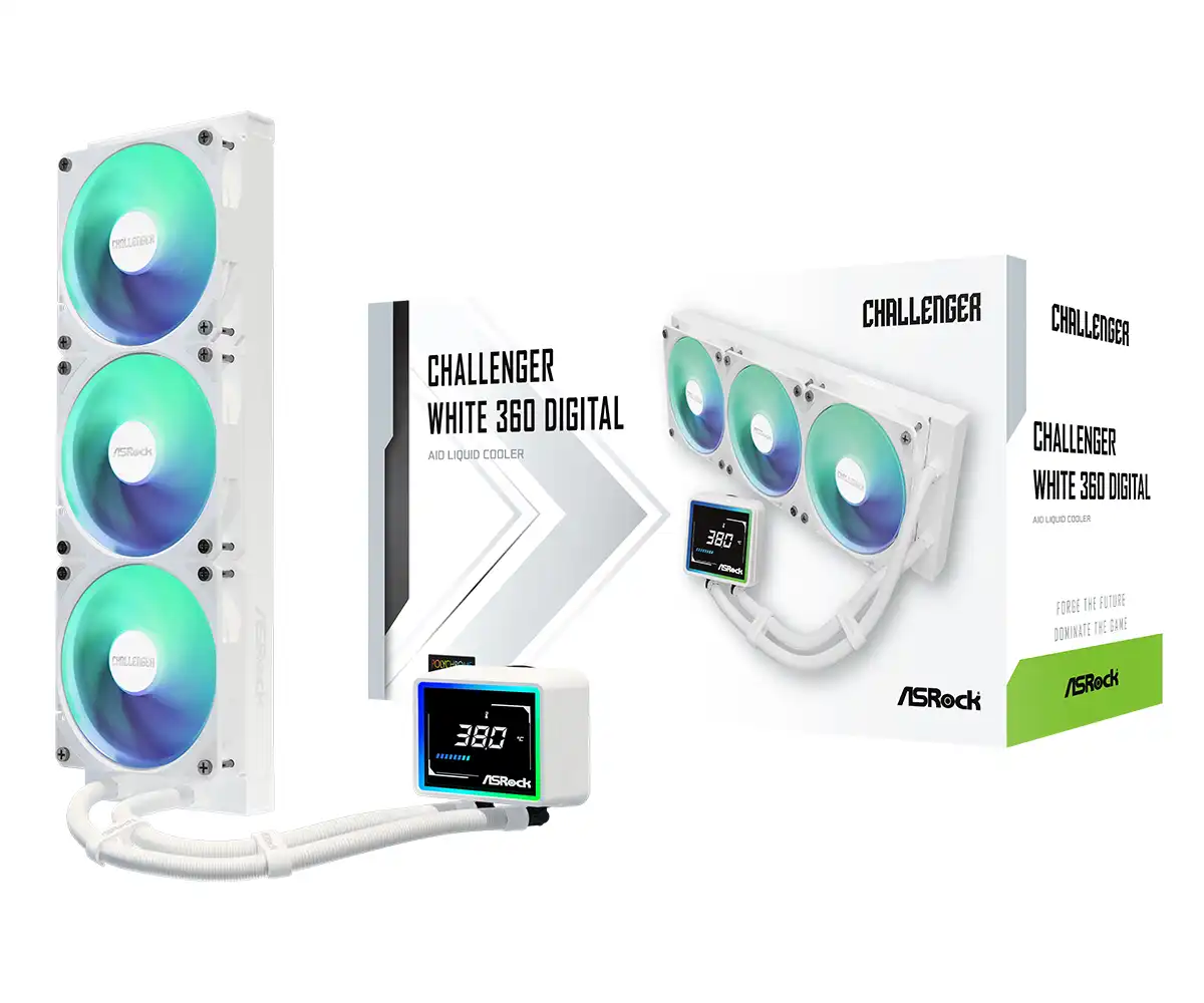 ASRock Challenger 360 Digital White AIO Liquid CPU Cooler, 360mm Radiator, Triple 120mm PWM ARGB Fans, 3" Digital Display, Intel LGA1700/1851 & AMD AM5/AM4 Compatible