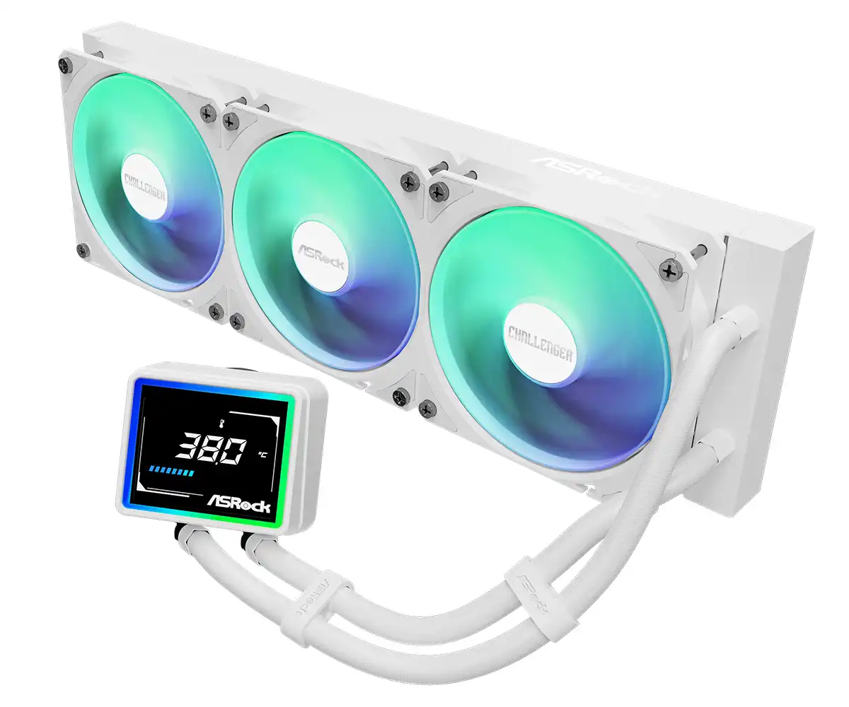 ASRock Challenger 360 Digital White AIO Liquid CPU Cooler, 360mm Radiator, Triple 120mm PWM ARGB Fans, 3" Digital Display, Intel LGA1700/1851 & AMD AM5/AM4 Compatible - Image 2