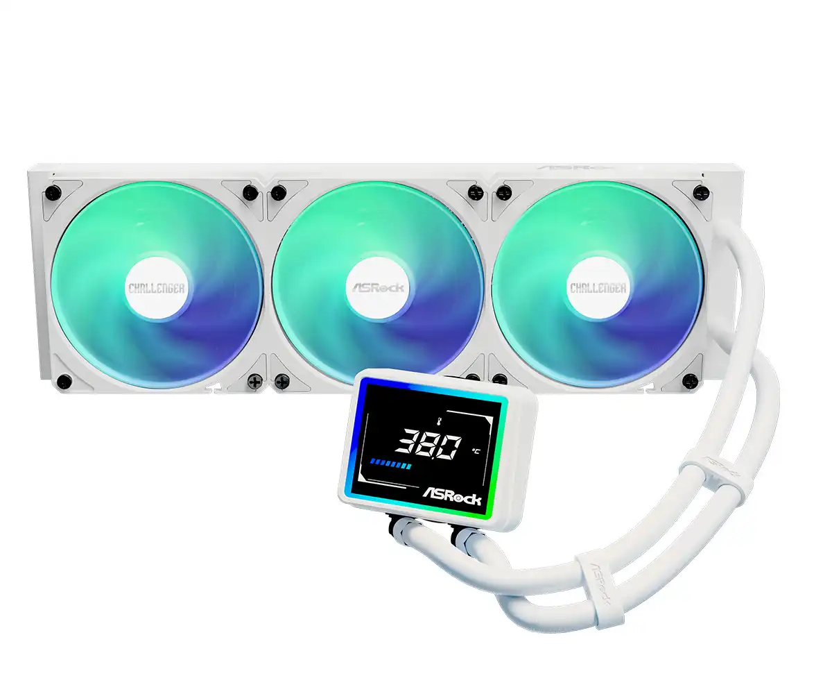 ASRock Challenger 360 Digital White AIO Liquid CPU Cooler, 360mm Radiator, Triple 120mm PWM ARGB Fans, 3" Digital Display, Intel LGA1700/1851 & AMD AM5/AM4 Compatible - Image 3
