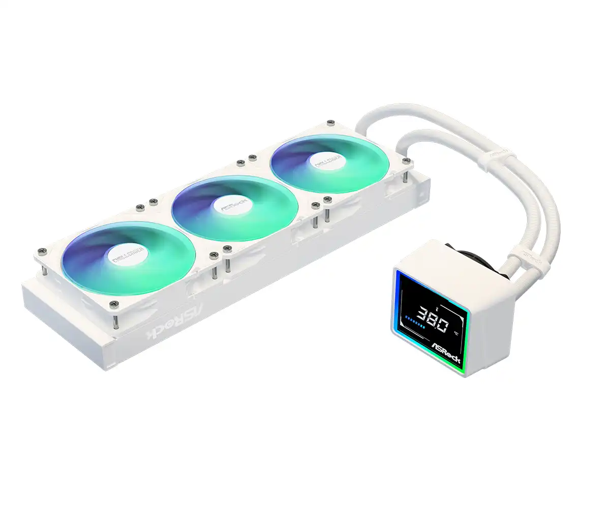 ASRock Challenger 360 Digital White AIO Liquid CPU Cooler, 360mm Radiator, Triple 120mm PWM ARGB Fans, 3" Digital Display, Intel LGA1700/1851 & AMD AM5/AM4 Compatible - Image 5