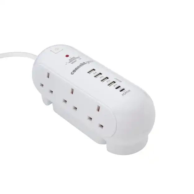2m Desktop 6 Way Surge Protector with 4x USB A 2x USB C & 65W Power Deliver