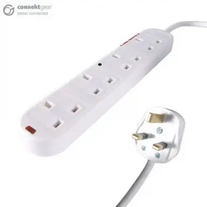 2m 4 Way Surge Protected Power Extension Block - UK Plug to 4 x UK Sockets - White - Image 2