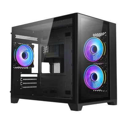 Vida Akira Black ARGB Gaming Case w/ Glass Front & Side, Micro ATX, 3x ARGB Fans, 6-Port PWM ARGB Fan Hub