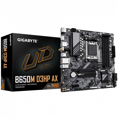 Gigabyte B650M D3HP AX Ultra Durable AMD AM5 Socket Motherboard, Micro-ATX, 4x DDR5 Slots, 2x M.2 Sockets, 2x USB-C Port, 2.5GbE LAN, Wi-Fi 6E, 2x DisplayPorts / 1x HDMI Port