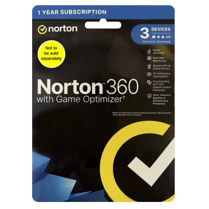 Norton 360 with Game Optimizer AV 1 year - 3 device - Dark Web Monitoring for gamer tags and personal information Game Optimizer 50 GB Cloud Backup Notification Optimization Full-Screen Detection Mode Norton Crypto Secure VPN to help protect against DDoS and doxxing attacks Real-time Threat Protection for your device PC SafeCam Smart Firewall for PC 
 Password Manager Parental Control