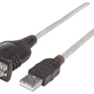Manhattan USB-A to Serial Converter cable, 45cm, Male to Male, Serial/RS232/COM/DB9, Prolific PL-2303HXD Chip, Black/Silver cable