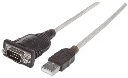 Manhattan USB-A to Serial Converter cable, 45cm, Male to Male, Serial/RS232/COM/DB9, Prolific PL-2303HXD Chip, Black/Silver cable