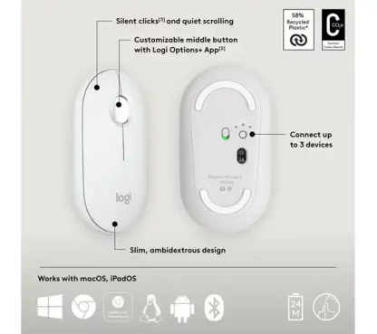 Logitech Pebble 2 M350S Mouse - Bluetooth - Optical - 3 Button(s) - Tonal White - Wireless - 10 m - 4000 dpi - Scroll Wheel - Image 7