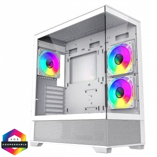 Vista White ATX Gaming Case with Tempered Glass Front and Side Panels with 3 x FN12A-C8I 120mm Infinity Fans Installed