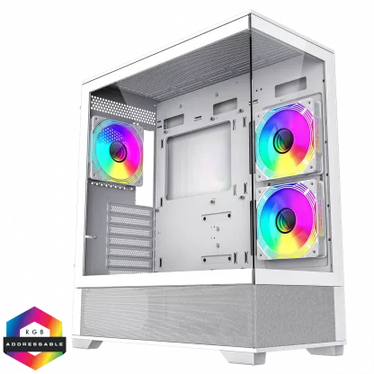 Vista White ATX Gaming Case with Tempered Glass Front and Side Panels with 3 x FN12A-C8I 120mm Infinity Fans Installed
