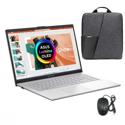 ASUS Vivobook 15 E1504FA-L1772W OLED Laptop, 15.6 Inch Screen, AMD Ryzen 5 7520U Processor, 8GB RAM, 256GB SSD, Windows 11 Home S, Includes Laptop Bag and Mouse
