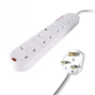 5m 4 Way Surge Protected Power Extension Block - UK Plug to 4 x UK Sockets - White