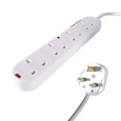 5m 4 Way Surge Protected Power Extension Block - UK Plug to 4 x UK Sockets - White